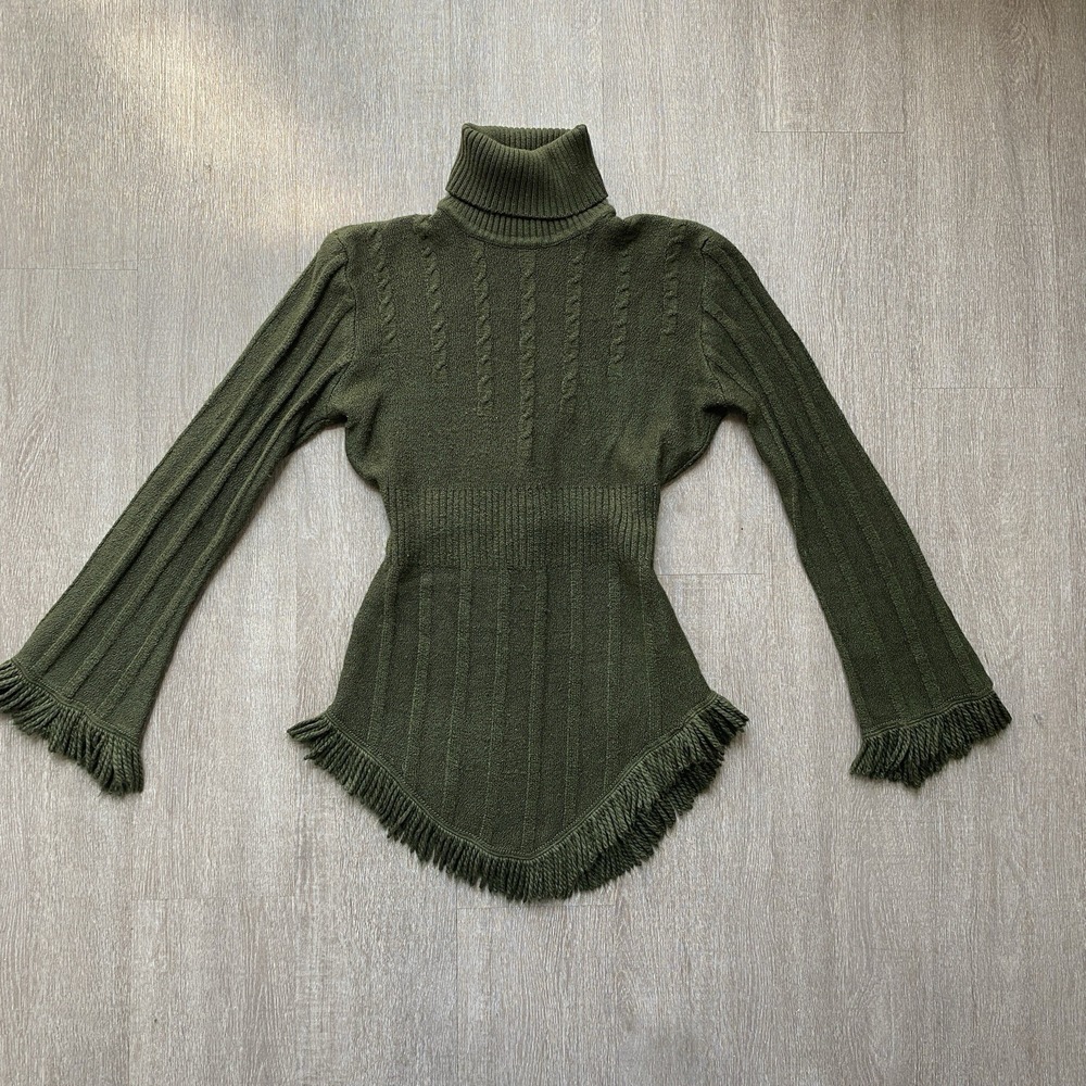 Green Fringed Ribbed Turtleneck Top Tie Detail Dark Academia Boho Cabincore